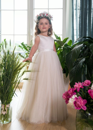 Ivory Satin Glitter Tulle V Back Flower Girl Dress